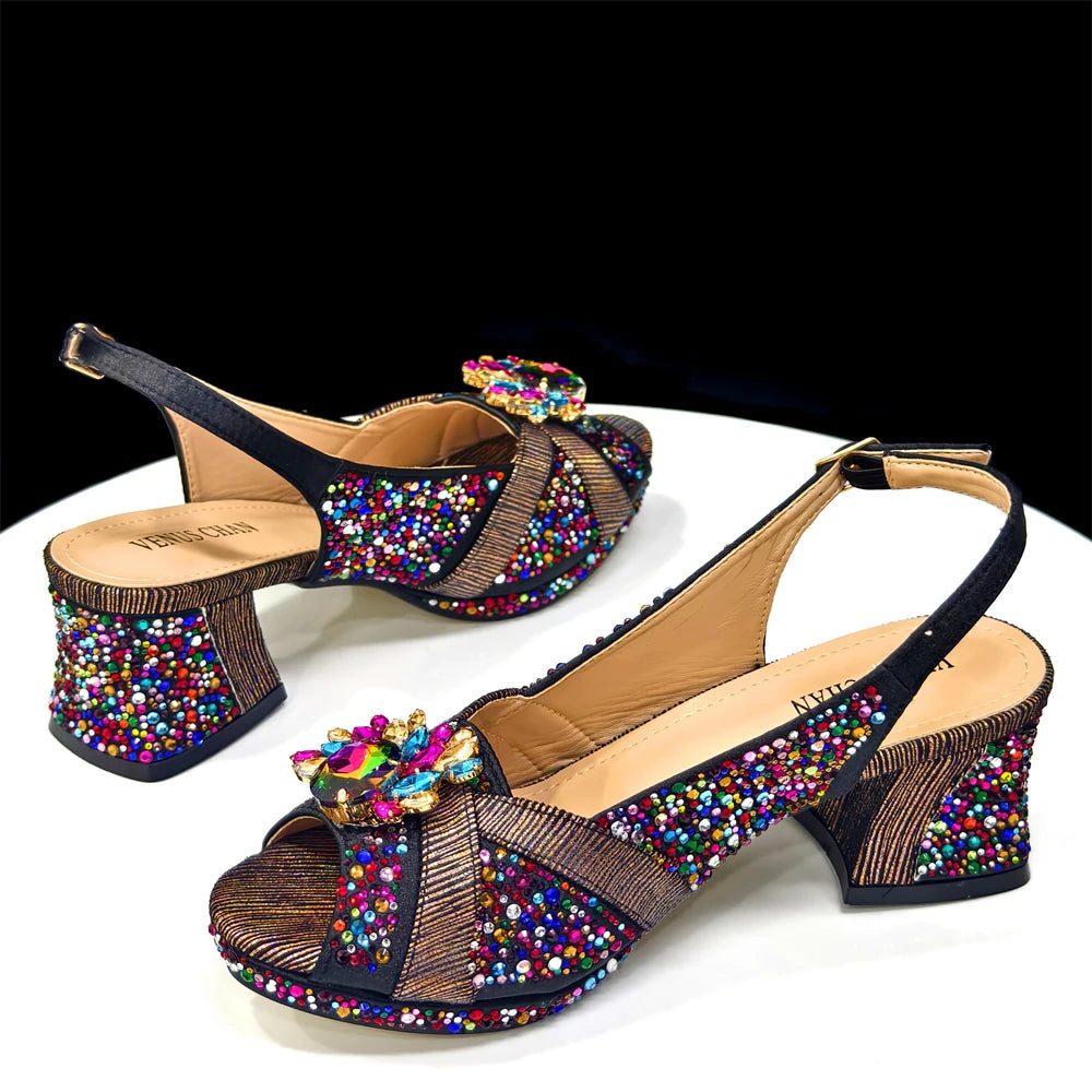 2025 Elegant Women's Peep-Toe Heels and Matching Wine Color Diamond Pumps Set - Stylish Italian Shoes and Bags for Parties