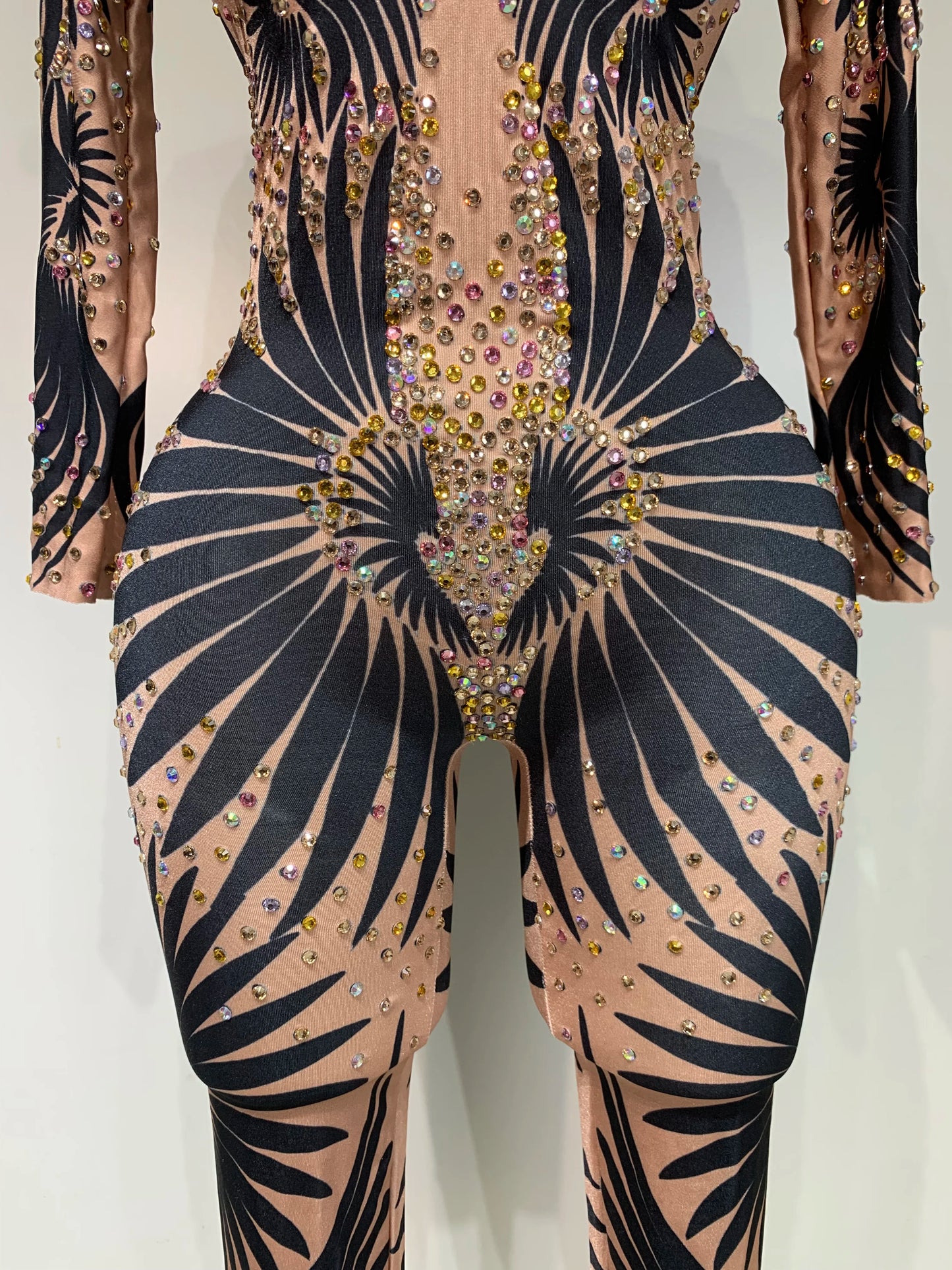 Sexy Long Sleeves Print Rhinestone Jumpsuits Drag Queen Show Stage Performance Costume Women Evening Party Nightclub Rompers