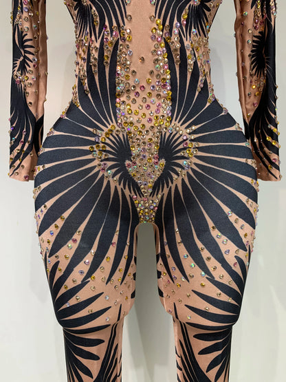 Sexy Long Sleeves Print Rhinestone Jumpsuits Drag Queen Show Stage Performance Costume Women Evening Party Nightclub Rompers