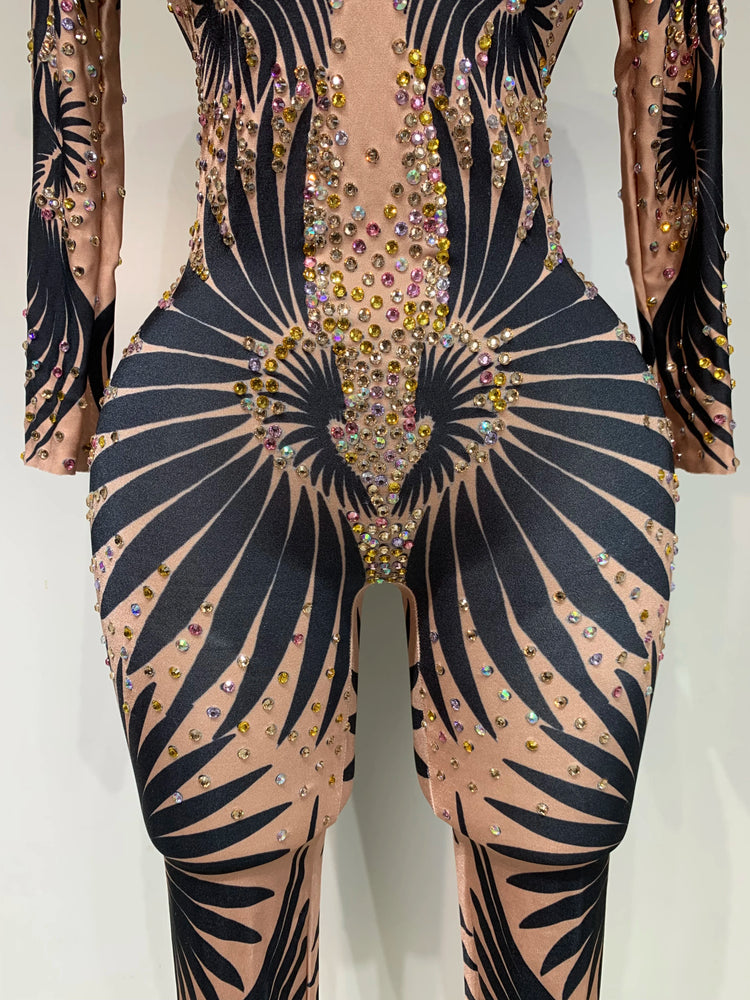 Sexy Long Sleeves Print Rhinestone Jumpsuits Drag Queen Show Stage Performance Costume Women Evening Party Nightclub Rompers