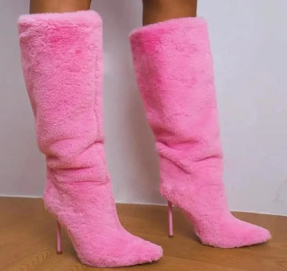 Lemon Yellow Fur Knee High Boots Women Full Fluffy Fur Pointed Toe Orange High Heels Winter Boots Female Fashion Warm Snow Shoes