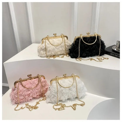 Luxury Women Chain Shoulder Bag Chiffon 3D Flower Banquet Bag Fashion Evening Bags Fashion Clutch Handbag Trendy Crossbody Bag