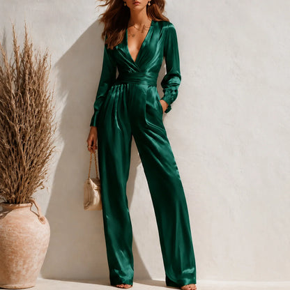 Women Cargo Pants One-Piece Suit Satin Full Long Coverall Rompers Casual Solid Color V Neck Jumpsuit For Work Travel Holiday
