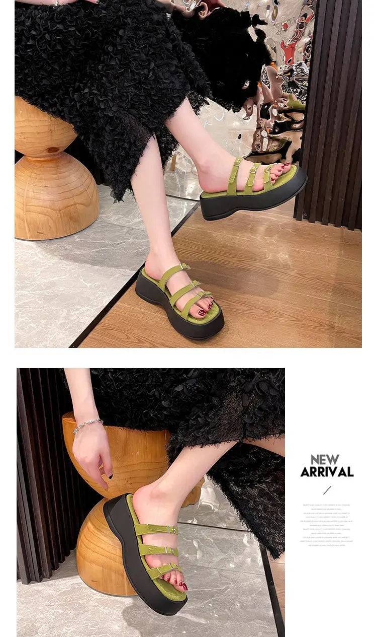 Women Thicken Soled Buckle Strap Sandals Platform High Heel Shoes Ladies Cut-Out Slippers Open Toe Flipflops Silver Beach Slides