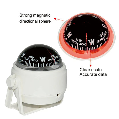Ball Shaped Boat Compass Vehicle Navigation Car Compass with Dial Sea Pivoting Marine Boat Compass Black/White for Outdoor