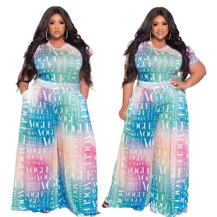 Loose Women's 2025 Summer Wide Leg Pants Letter Printed Short Sleeves Bubble Sleeves Large Size Jumpsuit