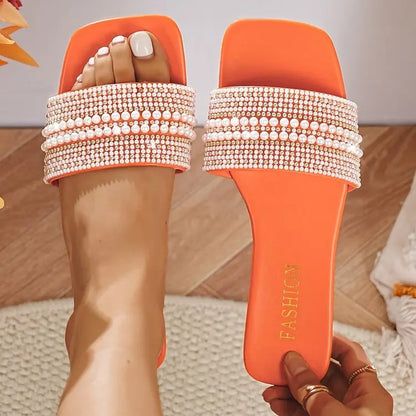 Women's Flat Bottom Sandals 2025 Summer New Style Beaded Rhinestone Shoes Womens Outdoor Fashion Slippers