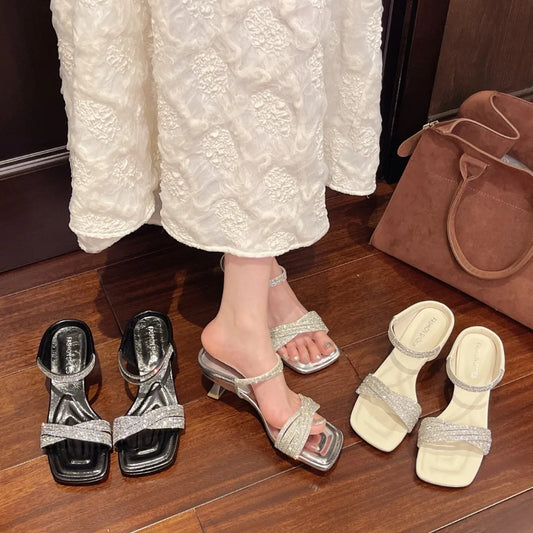 Fashion Rhinestones Ladies Heels Pumps Shoes Luxury Female Slides New in 2025 Footwear Square Toe Women Heeled Sandals Shoes