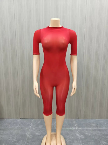 FLARORA Sexy Mesh See Through Rompers Woman Trend O Neck Short Sleeve Skinny Peach Hip Playsuits Stretch Midnight Party Clubwear