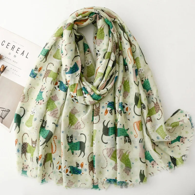 Cozy Dachshund Dog Cat Pattern Viscose Shawl for Women - 180x90Cm Fringe Detail Breathable Thin Wrap Scarves Autumn/Winter Snood