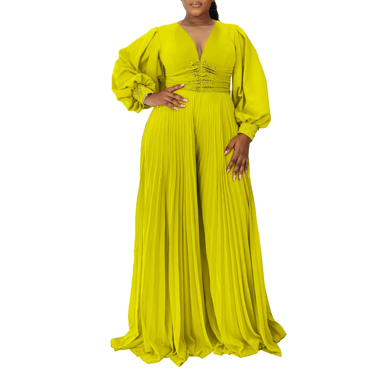 CM.YAYA Women Diamonds Long Sleeve Pleated V-neck Wide Leg Long Jumpsuits Party Beach Fashion Street Sexy Africa Outfit Rompers