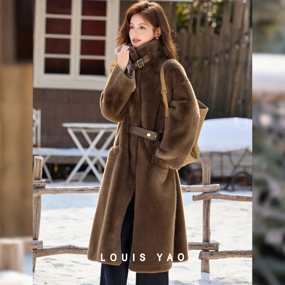 LOUIS YAO Stand Collar Faux Fur Women's Long Coat 2025 Winter Vintage Soft Faux Mink Chic Street Wear Long-Sleeved Warm Coat