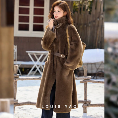 LOUIS YAO Stand Collar Faux Fur Women's Long Coat 2025 Winter Vintage Soft Faux Mink Chic Street Wear Long-Sleeved Warm Coat