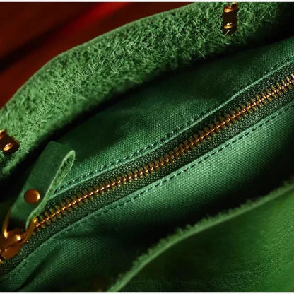 Luxury Leather Green Bucket Bag Retro Metal Handle Large Capacity Tote Bag Fashionable Casual Solid Color Shoulder Bag