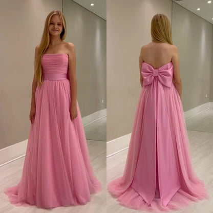 Customized Net Draped Sash Bow Graduation A-line Strapless Bespoke Occasion Gown Long Dresses
