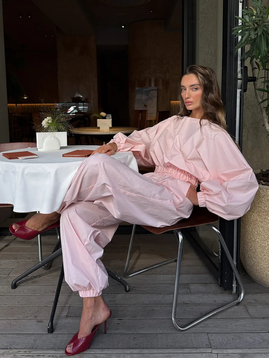Pink One-Piece Suit Women's Spring Summer New Lantern Sleeve Backless Top Waist-Cinching Wide Leg One-Piece Suit