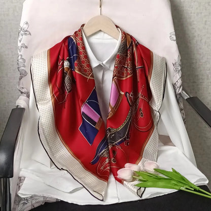 Luxury Retro Printed Silk Bandana Square Scarf, 90 * 90CM, Women's Fashionable Tie Headscarf, Casual Shawl, Belt