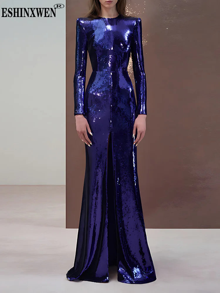 Eshin Women's Blue Sequin Long Sleeve Maxi Dress Elegant Formal Gown Floor Length Sparkly Evening Party Chic Style SA457