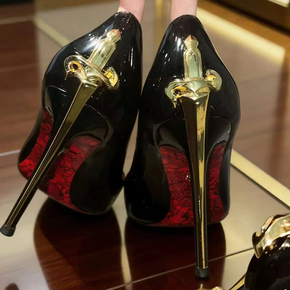 Early Spring New Women's High Heels, Slim Heels, Pointed Metal Sword, sexy Ladies, Black Patent Leather Single Shoes