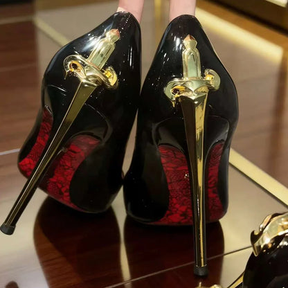 Early Spring New Women's High Heels, Slim Heels, Pointed Metal Sword, sexy Ladies, Black Patent Leather Single Shoes