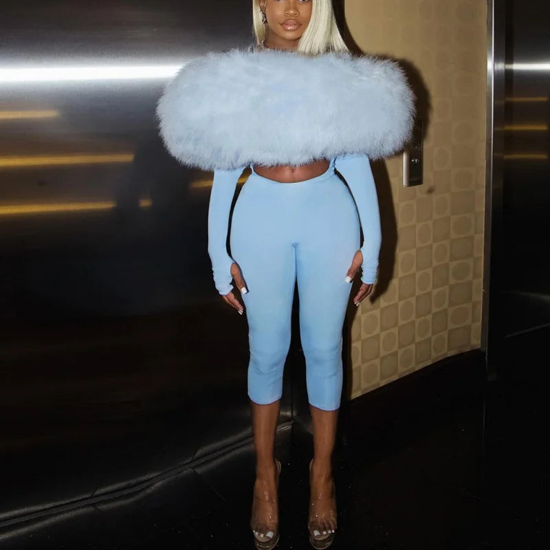 Women Off Shoulder Faux Fur Jumpsuit Long Sleeve Cutout Front Capri Jumpsuits Party Clubwear Bodycon Rompers