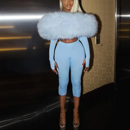 Women Off Shoulder Faux Fur Jumpsuit Long Sleeve Cutout Front Capri Jumpsuits Party Clubwear Bodycon Rompers