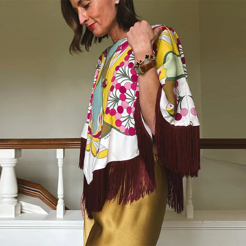 Elegant Printed Women's Shawl Fringed O-Neck Irregular Lady Cape 2026 Spring Summer Fashion Female Tassels Street Wear