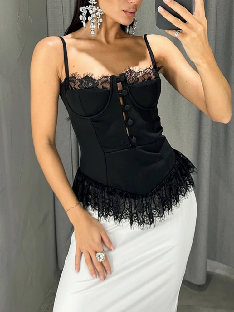 2026 Elegant Lace Patchwork Waist Party Blouse Women Fashion Hight Street Slim Vest Sexy Off Shoulder Sleeveless Suspender Tops