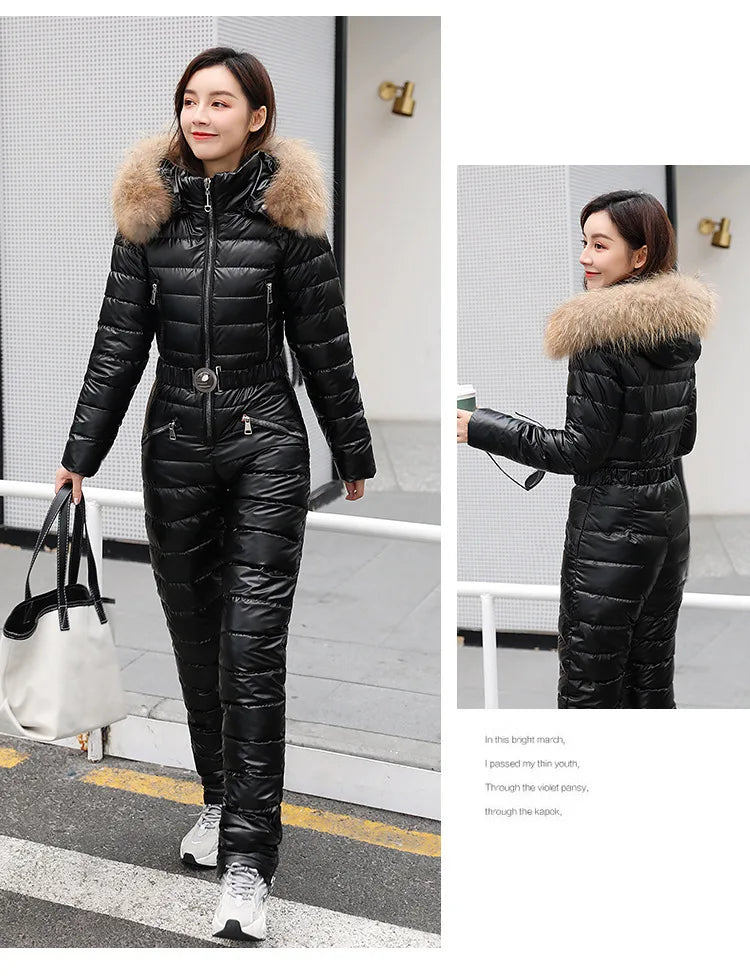 Jumpsuits One Piece Ski Suit Winter Thicken Snow Place Down Cotton Women Suits Warm Hooded Waist Slim Shiny Outdoor Sports