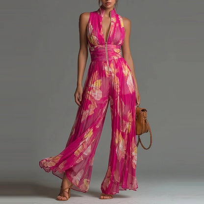 Elegant Lady Zipper Wide Leg Playsuits Stand Collar High Waist Pleat Jumpsuit Fashion Sleeveless Pure Color Slim Commute Rompers