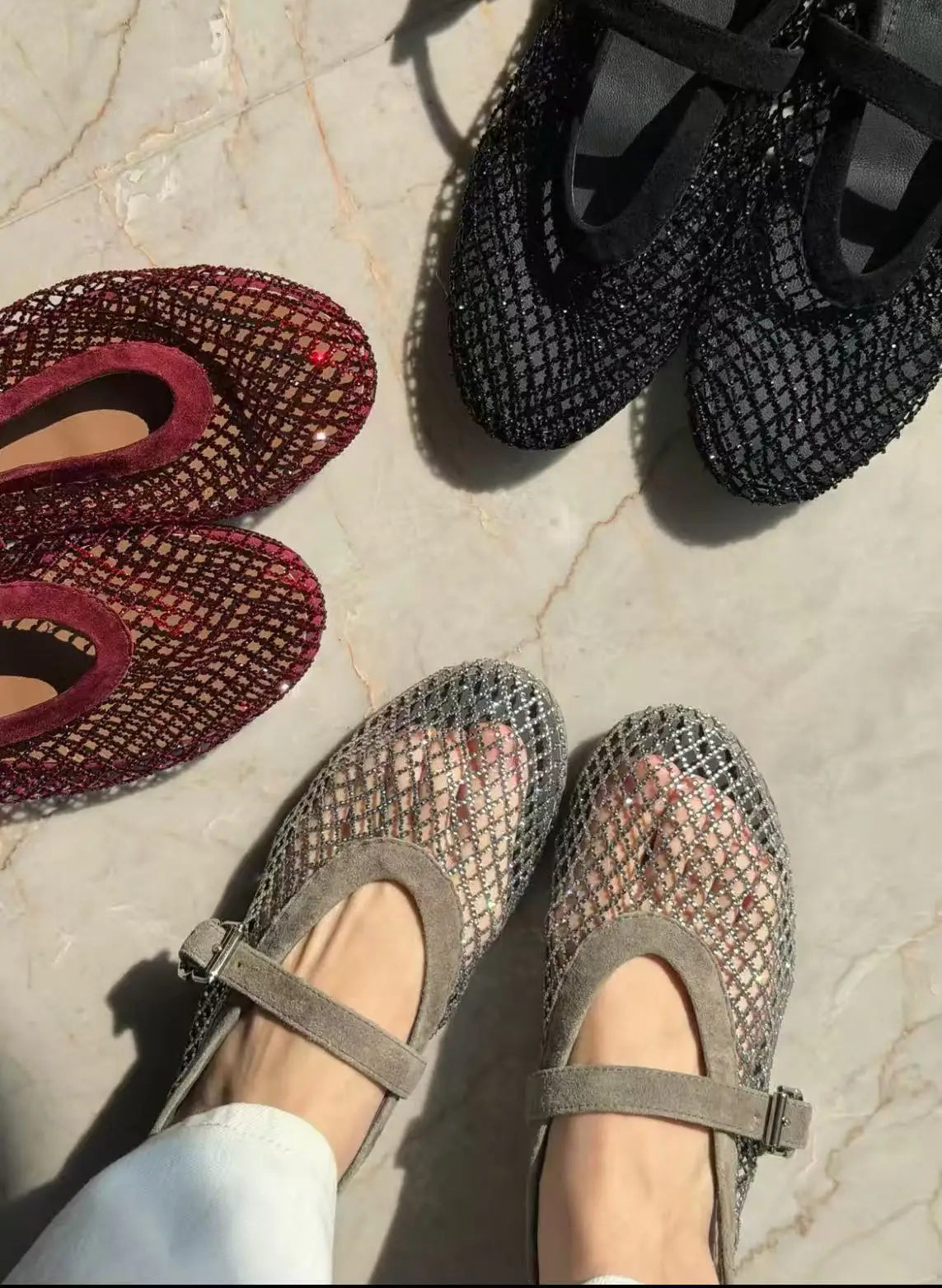2026 New Model~ Fishnet Rhinestone Ballet Flat Mary Jane Women's Shoes with Hollowed-Out Strap