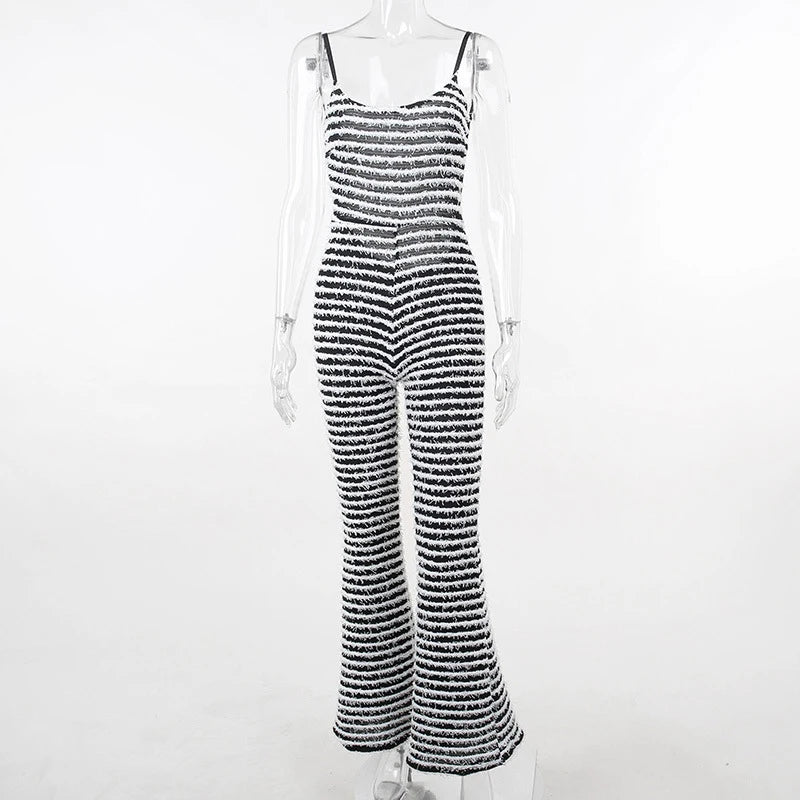 OMSJ New Style Backless Jumpsuits For Women Sexy Camisoles High Waist Hip Lifting Striped One-piece Rompers Flare Pants Clubwear