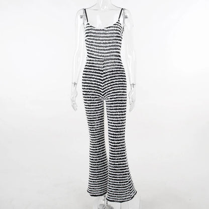 OMSJ New Style Backless Jumpsuits For Women Sexy Camisoles High Waist Hip Lifting Striped One-piece Rompers Flare Pants Clubwear