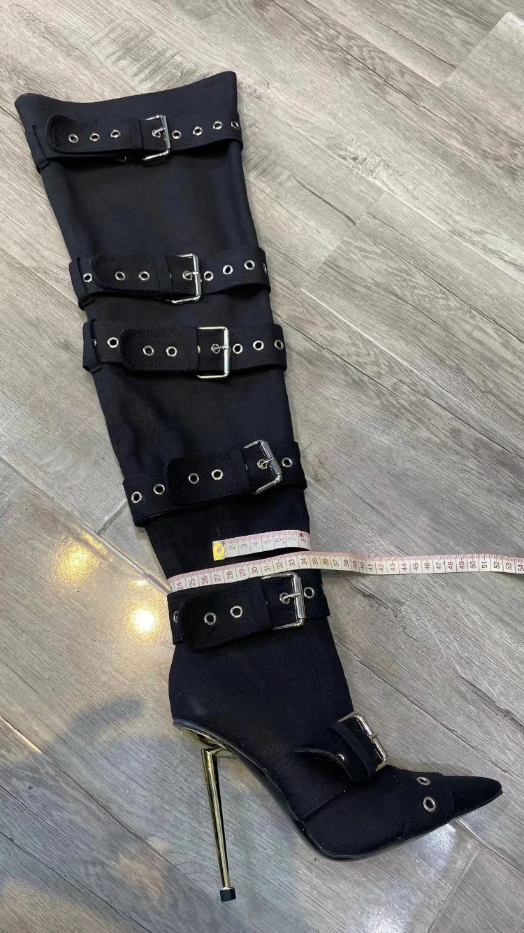 New Women Denim Metal Rivet Buckle Sandals Women Sexy Punk Style Pointed Hollow Metal 11cm High Heel Knee High Boots Size34-43