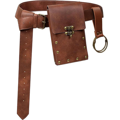 Renaissance Costume Accessories Retro Leather Waist Belt with Fanny Pack Medieval Viking Drawstring Coin Pouch Skirt Hike Clip for Renaissance Faires Cosplay Costume Party