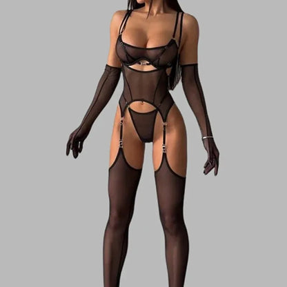 Solid Women's Lingerie Sets Seductive See Through Bra Belt Thong 3PC with glovs stockings Sissy Sexy Women's Underwear