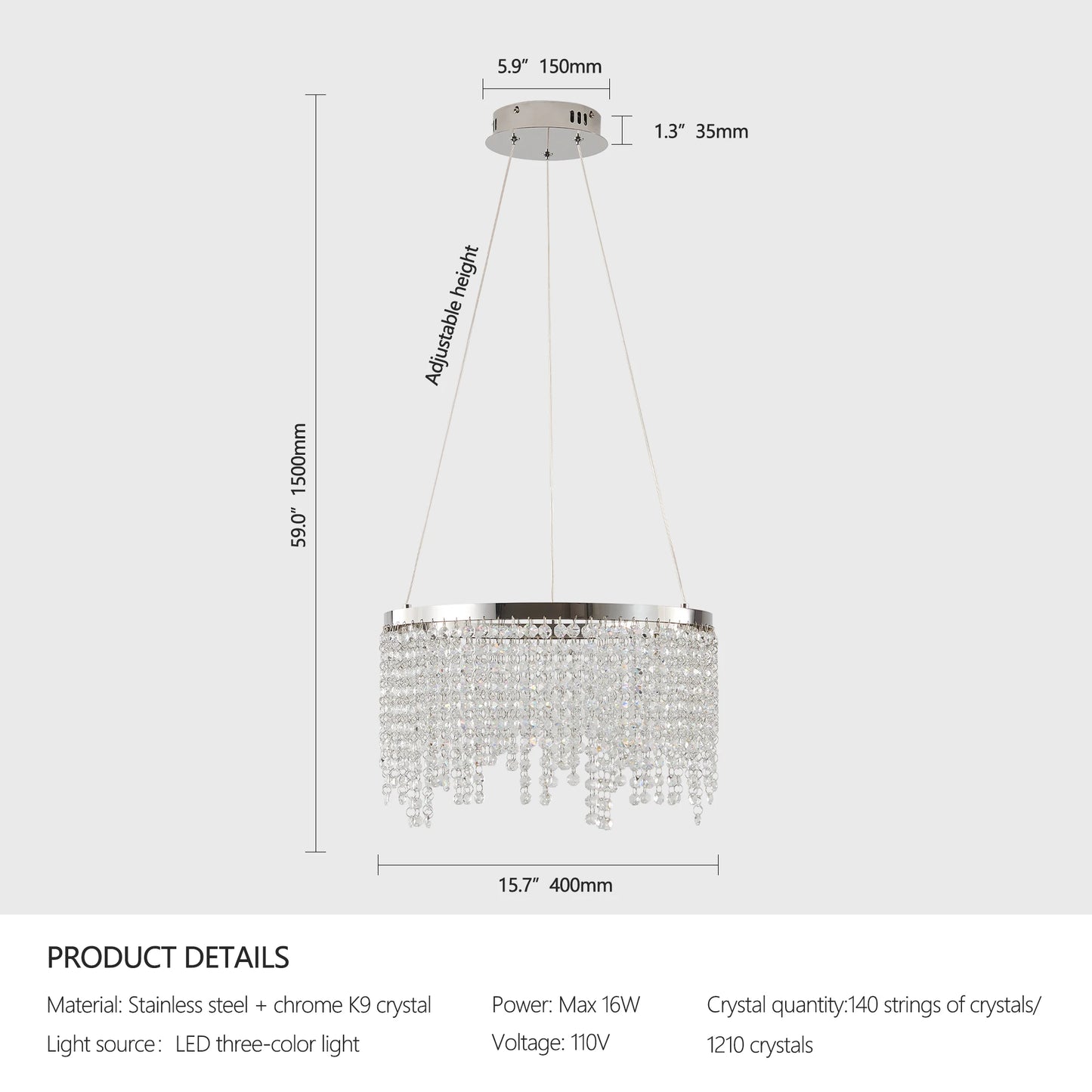 16-inch Luxury Crystal LED Chandelier - Adjustable Height and Color Temperature (3000K-6000K) -Modern Chandelier for Living Room
