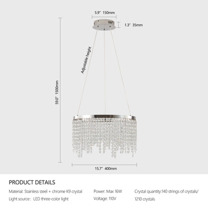 16-inch Luxury Crystal LED Chandelier - Adjustable Height and Color Temperature (3000K-6000K) -Modern Chandelier for Living Room
