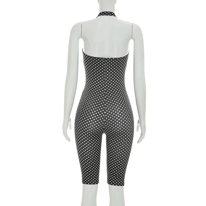 Fashionable polka dot sleeveless hanging neck slim fit jumpsuit, seven part jumpsuit