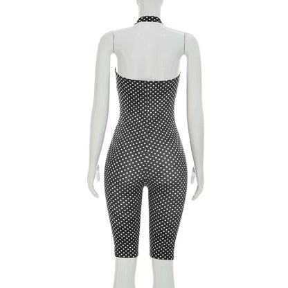 Fashionable polka dot sleeveless hanging neck slim fit jumpsuit, seven part jumpsuit