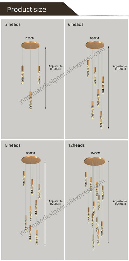 Crystal Staircase Pendant Lamp Modern Gold Lighting Fixture Ceiling Hang Pendant Light Luster Indoor Villa Loft Stair Chandelier
