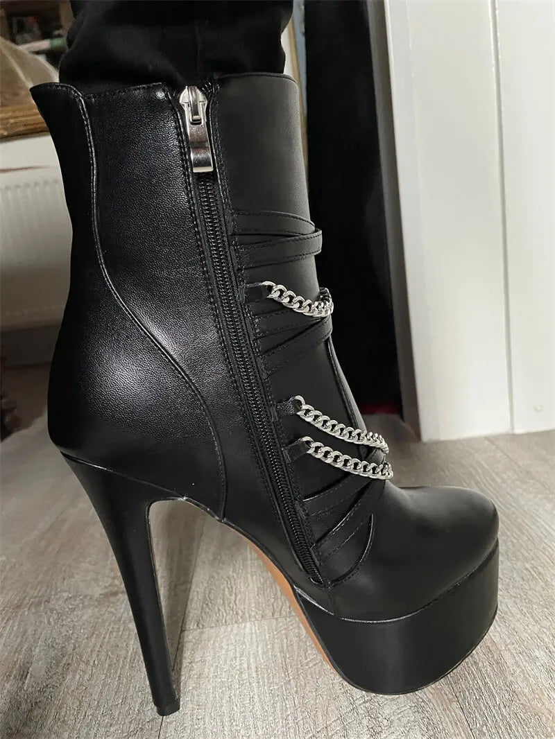 Onlymaker Women Platform  Ankle Boots Black Matte Side Zipper  Big Size Stilettos Winter Booties
