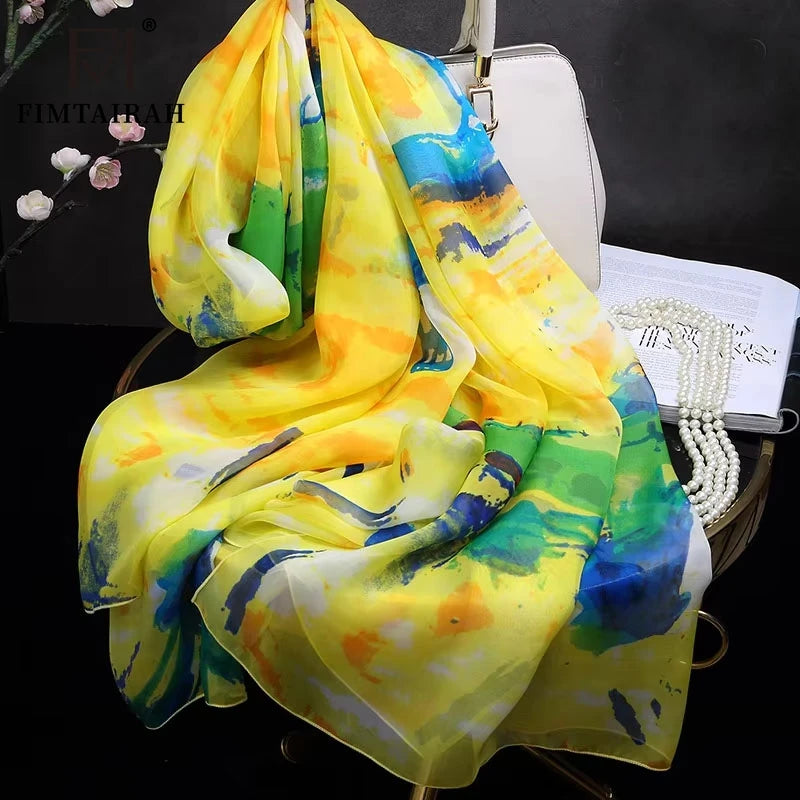 100% silk  scarf ladies Yellow printed  silk scarf Women fashion  soft and elegant shawl long shawl spring autumn winter summer