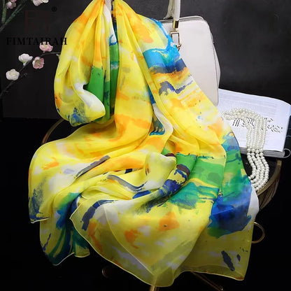 100% silk  scarf ladies Yellow printed  silk scarf Women fashion  soft and elegant shawl long shawl spring autumn winter summer