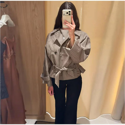 Plaid Short Trench Coat Women Lapel Collar Double Breasted Belted Waist Long Sleeve Loose Jacket 2026 Autumn Casual Chic Coats