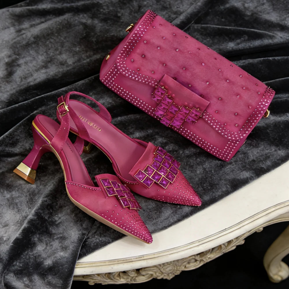 Mineral Blue Rhinestone High Heel Shoes & Matching Bag Fashionable Pointed-Toe Footwear for Women - Perfect for Parties