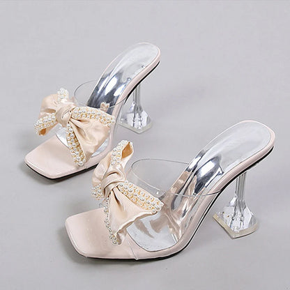 Liyke 2026 New Style Pink Women Slippers Sandals Fashion Pearl Bowknot High Heels PVC Transparent Shoes Summer Mule Slides Pumps