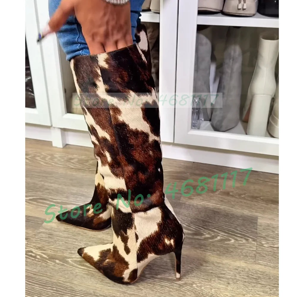 Dark Brown Cow Print Knee High Boots Women Pointy Toe Artificial Horsehair Leather Splicing Boots Mixed Color Side Zipper Shoes