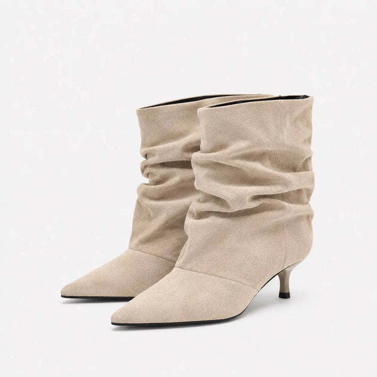 Brown Retro Elegant Designer Ankle Boots Women Fashion Pleated Suede Autumn Winter Kitten Heels Party Prom Chelsea Shoes