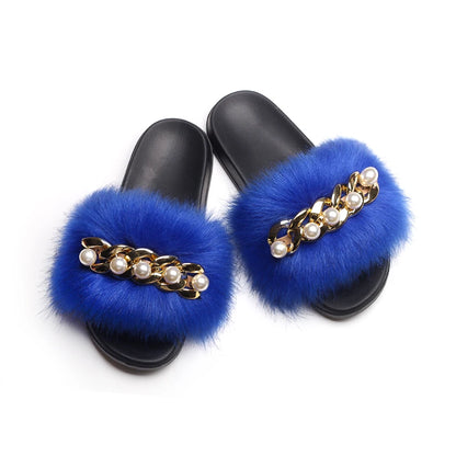 Fluffy Slippers Women Flip Flops Luxury Pearl Chain Faux Fur Slides Flat House Slippers Beach Summer Sandals Ladies Casual Shoes